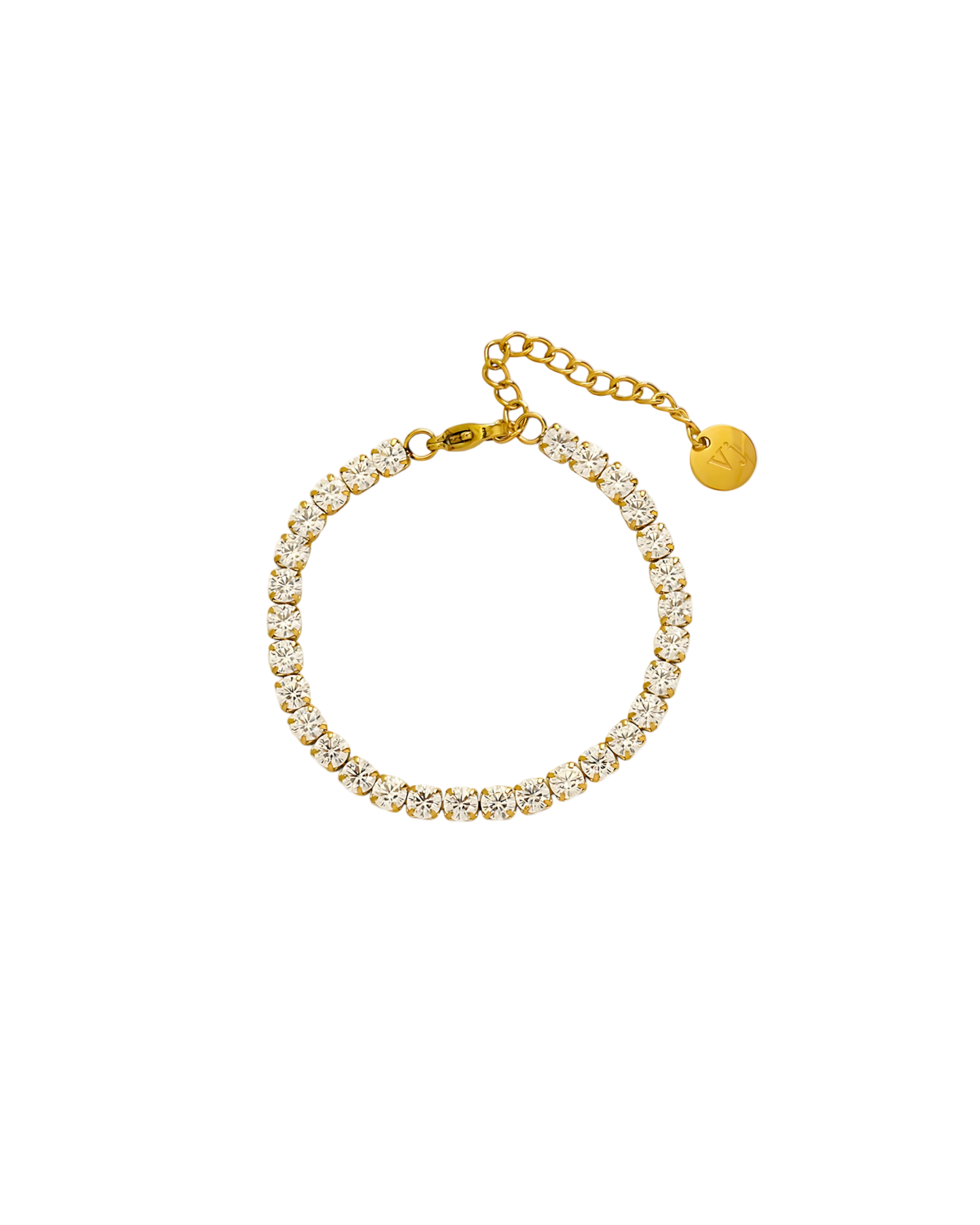 Gold bracelet with clear stones on a white background